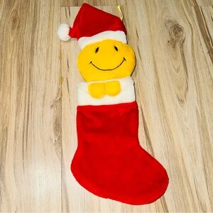 Vintage Christmas Smiley Face Plush Red Yellow Holiday Stocking
